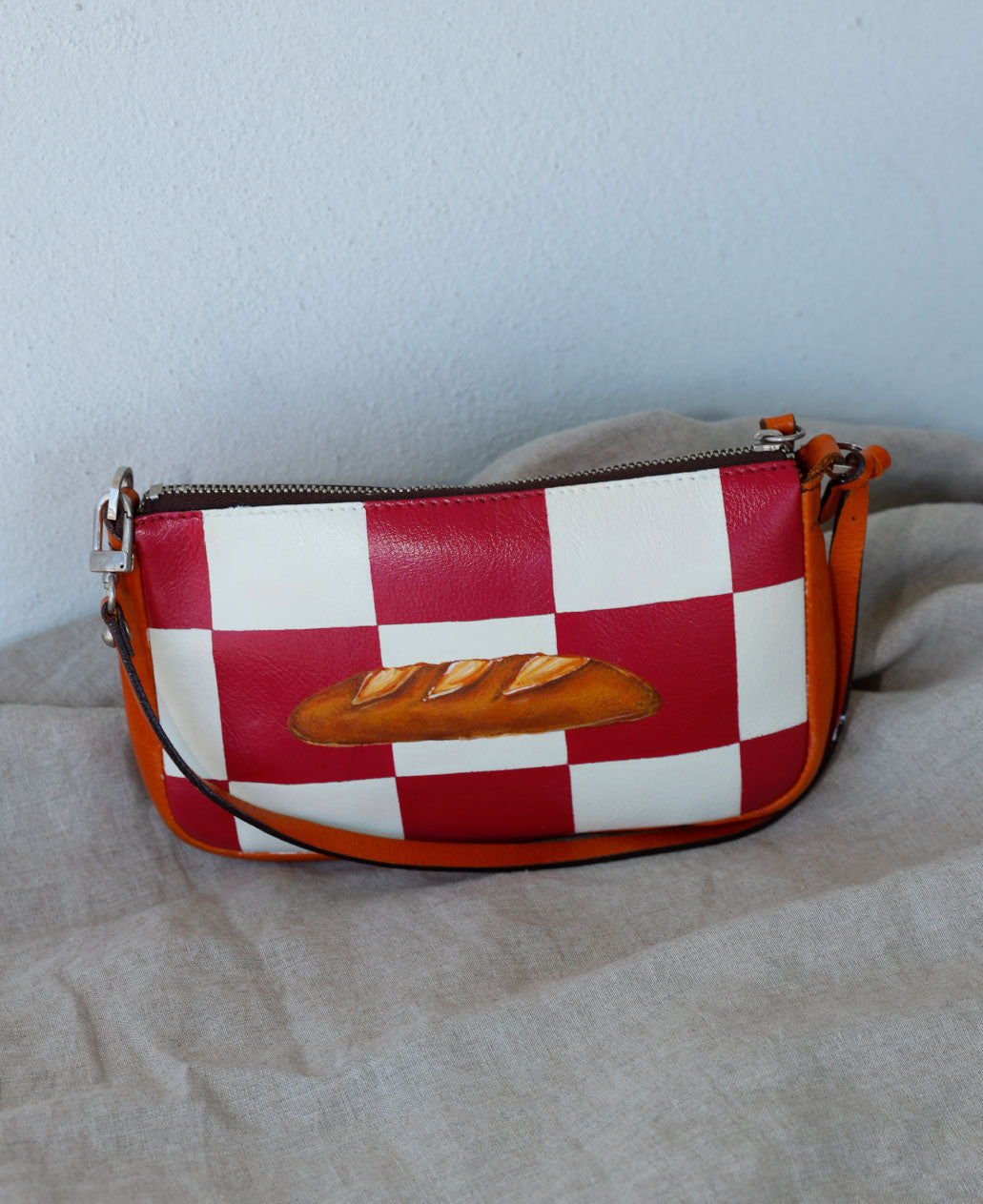 Hand-painted Check-Print Baguette Bag